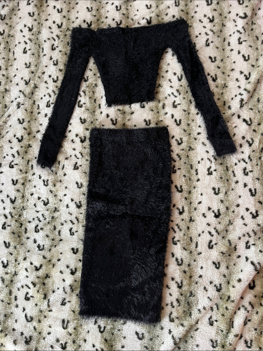 Hera Collection Black Fuzzy Two-Piece Crop Top and Skirt Set